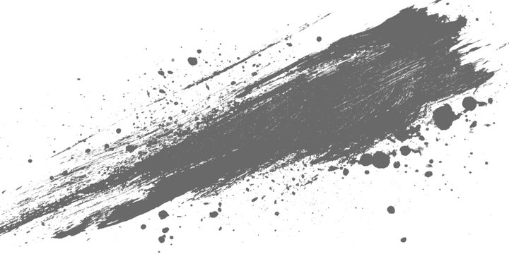 Black grunge brush stroke with paint splatter on light gray background, rough textured ink swipe, minimalist abstract design vector illustration.	
