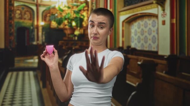 Woman with short hair in a white tee holding a pink menstrual cup while extending hand palm out in church aisle; privacy defiance.