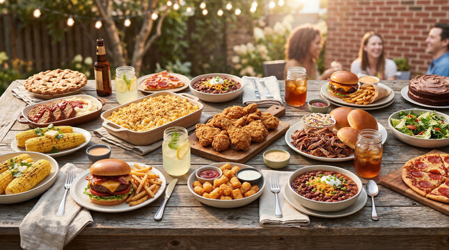 Outdoor backyard feast with fried chicken, burgers, pizza, chili, mac and cheese, and side dishes