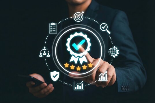 Businessman touches a glowing badge icon, representing quality assurance, standard certification, and excellence.