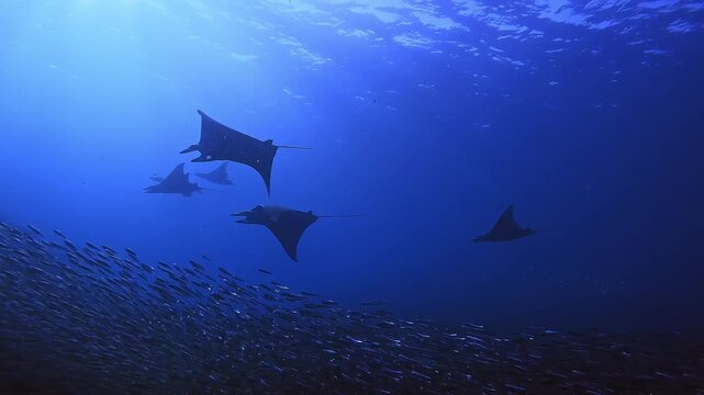 Dozens of Mobula rays gather in Raja Ampat to hunt the big schools of anchovies. These videos show their hunting behaviour and how they attack the schools of anchovies. Clip 11 of 27