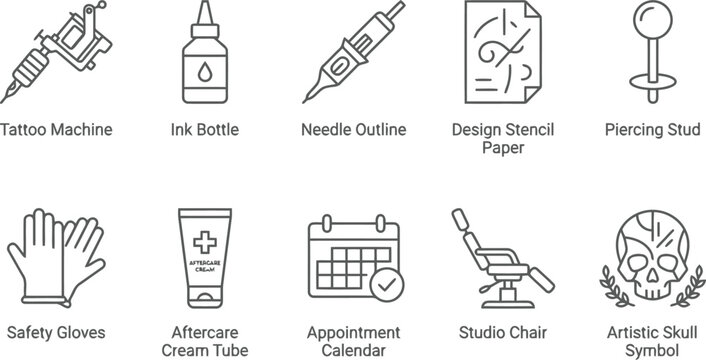 Collection of linear icons representing professional tattoo studio equipment and symbols
