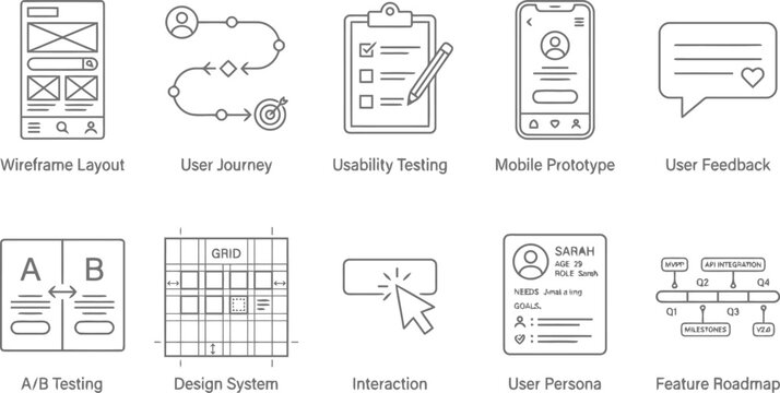 Set of hand drawn user experience design icons including wireframe and mobile prototype