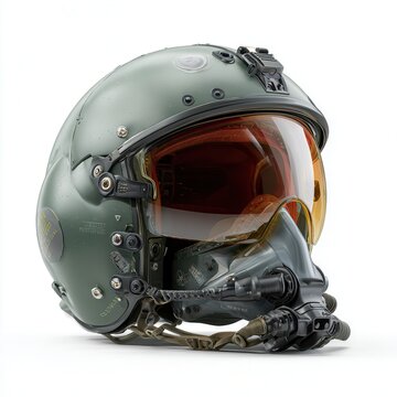 Military pilot helmet displayed in a studio setting on a white background showing details and features clearly