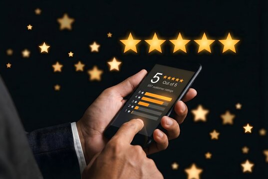 Person holds a smartphone displaying a 5-star rating with progress bars, signifying high customer satisfaction.