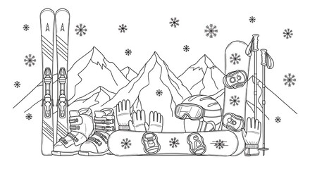 Fototapeta premium Line art illustration depicts winter ski equipment set against snow-capped mountain backdrop