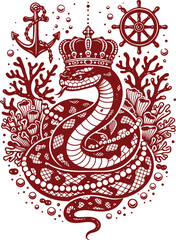 Fototapeta premium Royal Snake Crown Nautical Anchor Coral Ocean Crest