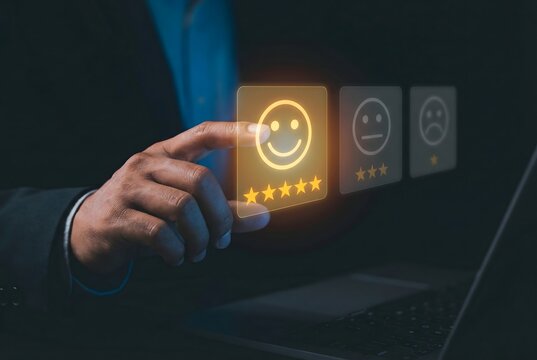 Person taps a glowing five-star smiley face icon, symbolizing excellent customer experience and satisfaction.