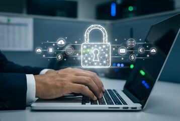 Fototapeta premium Person types on a laptop, with a digital padlock icon and network of security symbols floating above.