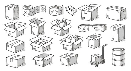 Line art illustration of various cardboard boxes, tape, tags, and a hand truck