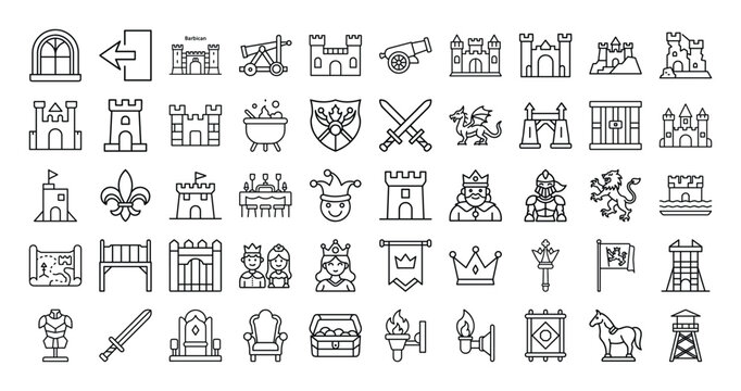 Set of line icons related to the medieval kingdom and history