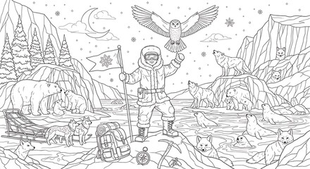 Obraz premium Line art of an arctic explorer, surrounded by wildlife, mountains, and ice, with an owl above