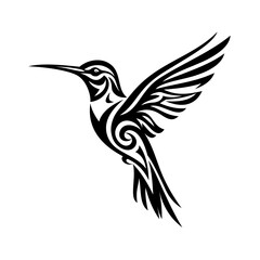 Obraz premium Black and white tribal style tattoo design of a flying hummingbird. Minimalist vector illustration of a bird with intricate stylized patterns isolated on a white background.