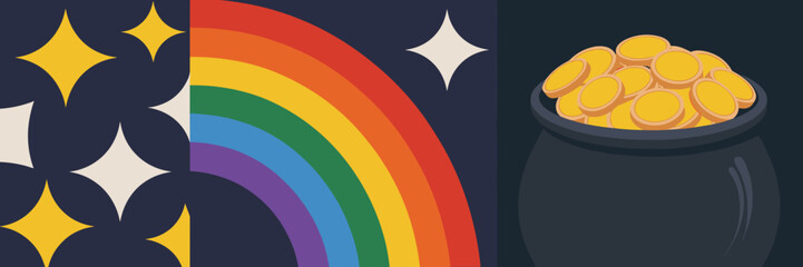 Fototapeta premium Rainbow and golden coin icon sheet – Great for educational materials, mobile apps, or holiday blogs.