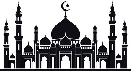 Black silhouette of a mosque with domes and minarets under a crescent moon and star © LoveU