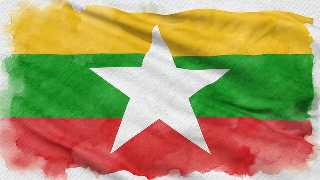 The flag of Myanmar waving in the wind in a video