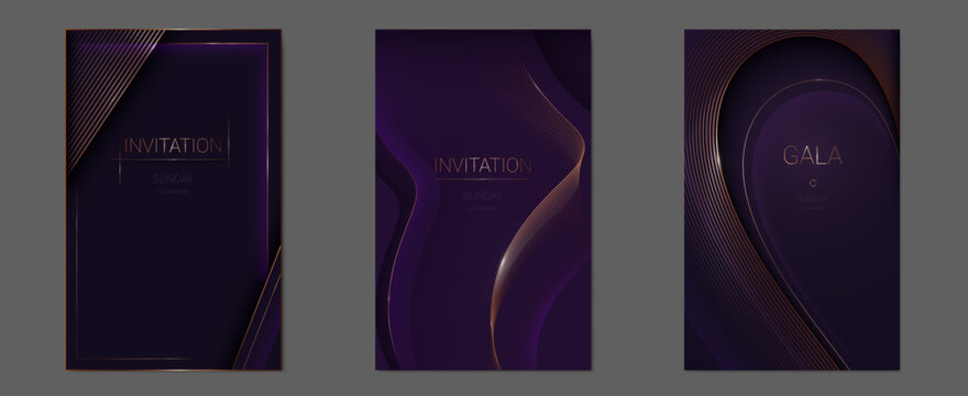 Elegant purple abstract vector background with flowing golden thin lines and premium light effect. Luxurious award invitation with curved metal borders, gold frame banners