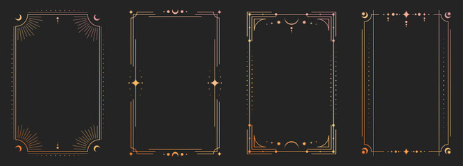 Mystical tarot card back with celestial sun, moon and stars in ornate golden frame, vector illustrations. Esoteric borders with magic symbols, spiritual patterns for horoscope design. © klyaksun