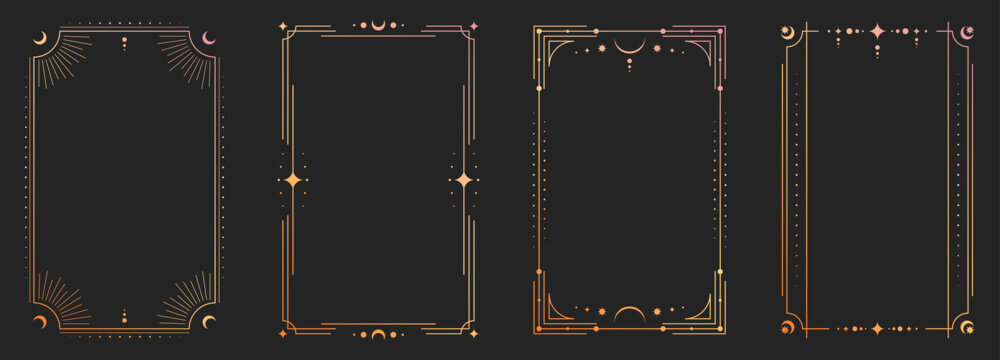 Mystical tarot card back with celestial sun, moon and stars in ornate golden frame, vector illustrations. Esoteric borders with magic symbols, spiritual patterns for horoscope design.