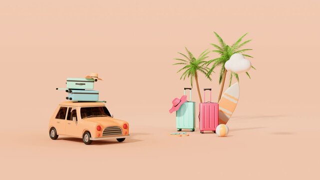 Cute 3d travel car arriving at a tropical beach with palm trees and suitcases, capturing the joyful moment of reaching a summer vacation destination on a beige pastel background. 3D render