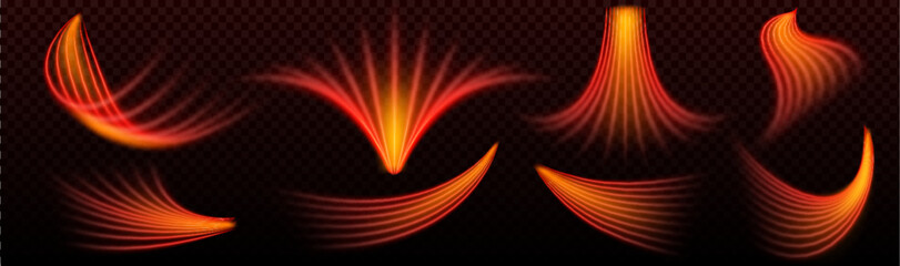 Hot air flow with dynamic red and orange heat waves, realistic wing effect isolated on transparent background. Warm energetic stream with glowing curved lines and motion blur © klyaksun
