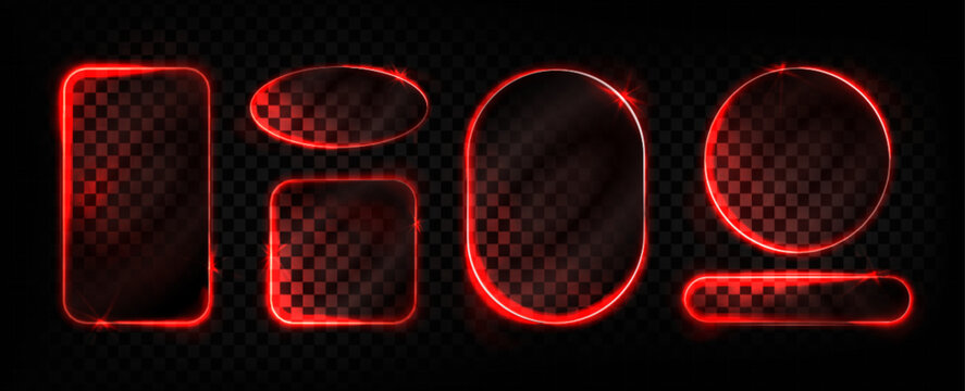 Glass frames set with neon red light effects isolated on transparent background. Vector realistic illustration of oval and round glowing borders, futuristic digital interface elements, gaming screens