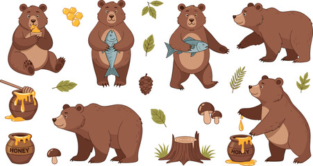 Fototapeta premium Cute Brown Bear Character Set with Honey Pot, Fish, Forest Leaves, Mushrooms, and Woodland Elements for Children Illustration and Nature Wildlife Design