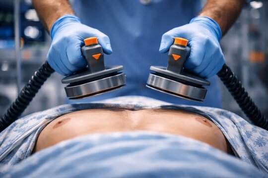 Doctor holding defibrillator paddles above patient chest during cardiac resuscitation in hospital.