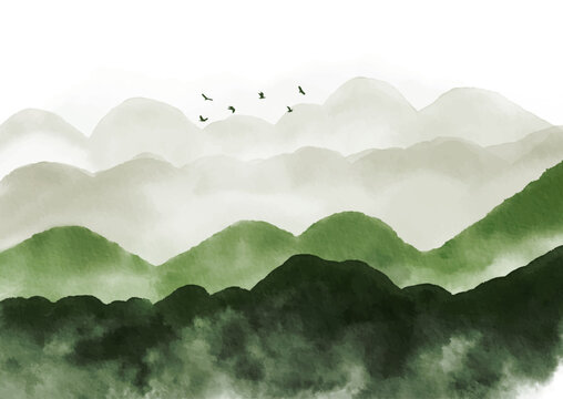 Minimal watercolour background with hills and flying birds 