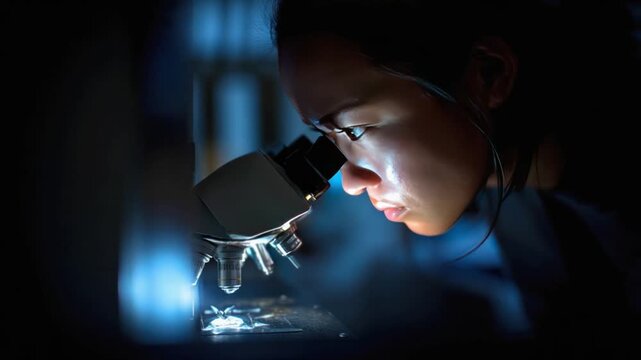 Microscope's Gaze: A dedicated scientist peers into the lens of a microscope, her focused attention and intensity highlighting her devotion to scientific pursuit. 