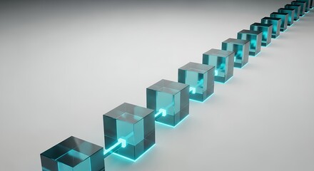 Fototapeta premium Blockchain technology concept with translucent blue glass cubes connected in a diagonal sequence