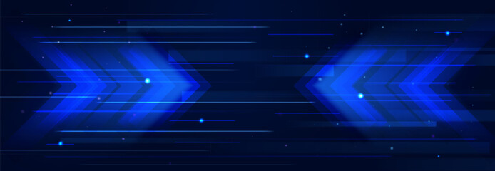 Fototapeta na wymiar Neon blue arrow with glowing light trails on dark background, 3d abstract vector bg. Dynamic digital speed effect. Futuristic technology glowing arrow concept for web design