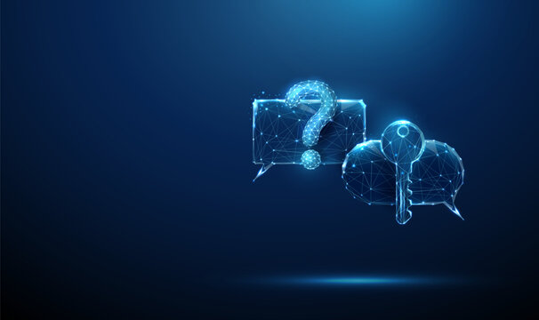 3d blue speech bubbles with question mark and digital key. Access inquiry, solution discovery, secure communication, password recovery request, problem solving conversation concept.