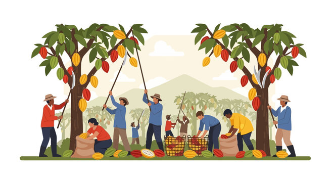 Cocoa Farming Harvest: Diverse Farmers Gathering Cacao Pods from Trees