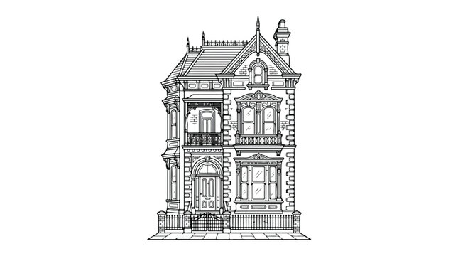 Detailed Architectural Drawing of a Victorian House Facade.
