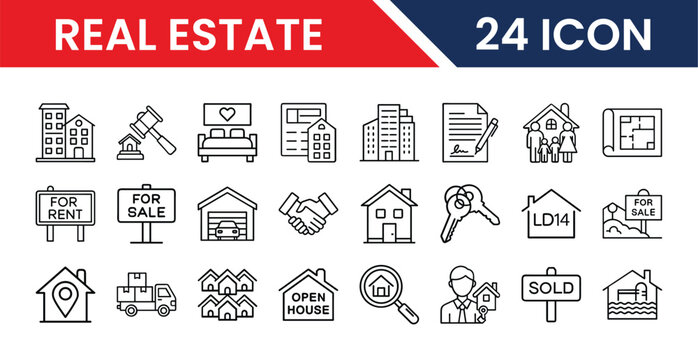 Property real estate icons pack in vector format for web and app UI design including house, building, home sale, rent, mortgage, and property symbols