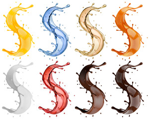 Obraz premium Set of splashes with liquids of different materials isolated on white background. 3d rendering