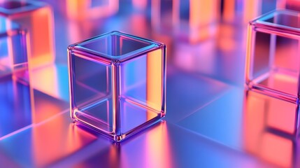 Transparent glass cubes on a reflective surface with vibrant neon lighting in a futuristic scene