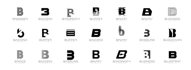 Letter B Logo Collection in Futuristic Tech Style, Modern Geometric Minimalist Creative Branding for Business Identity Design. Monogram Set for Startups, Businesses, Companies. Vector Illustration © artyway
