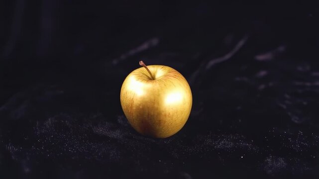 A single golden apple with red streaks, stem attached, rests on a dark, textured surface