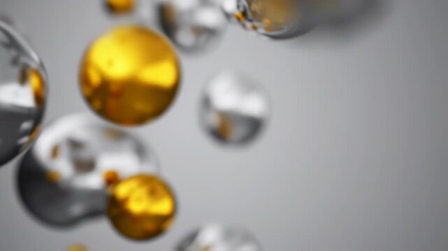 Spherical orbs in varying silver and gold hues, blurred, against a soft gray background
