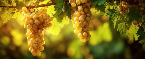 Naklejka premium The Grapes Hanging on a Sunlit Vine in a Lush Vineyard at Harvest