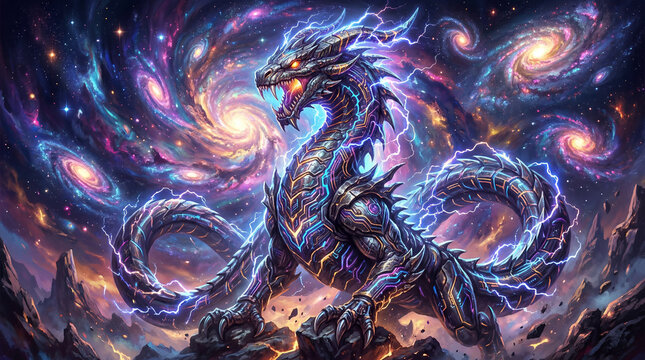 A vibrant dragon stands majestically amidst a swirling galaxy of colorful lights and stars in space
