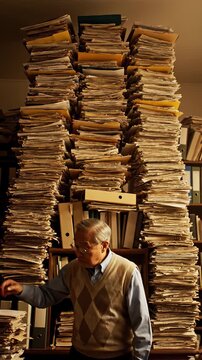 Elderly Asian man in a beige vest stands in an office surrounded by towering stacks of paperwork, looking up as a document is tossed from the top of the pile