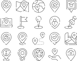Set of minimalist line icons representing various place pins, navigation markers, and global positioning symbols, useful for digital interfaces and geographic information systems © vectorwin