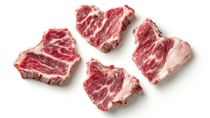 Fototapeta premium Raw beef slices arranged in pattern on white background. Minimal composition highlighting texture, freshness and cooking ingredient.