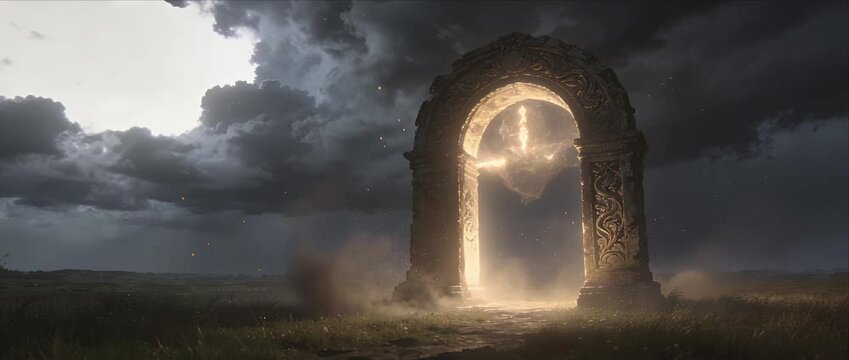 Fantasy portal arch magic glowing landscape storm cloud light gate ancient stone archway gateway glowing light in mystic landscape dramatic storm cloud sky with lightning bolt over epic fantasy portal