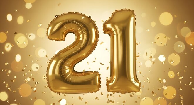 21st Birthday Celebration Background with Gold Balloons and Confetti