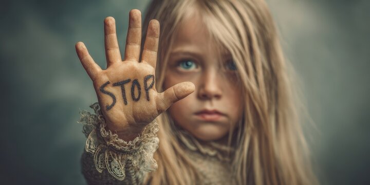 The Girl Holding Up Her Hand With STOP Written On Her Palm