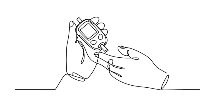 Continuous line drawing of hands using a glucose meter to check blood sugar levels Vector, illustration